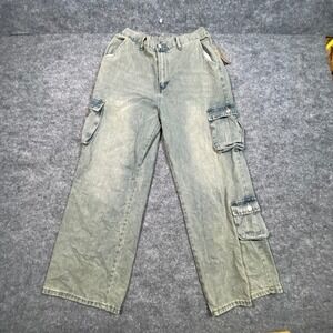 Riley & James Women XL Sage Green Acid Wash Wide Leg Cargo Jeans Elastic Waist